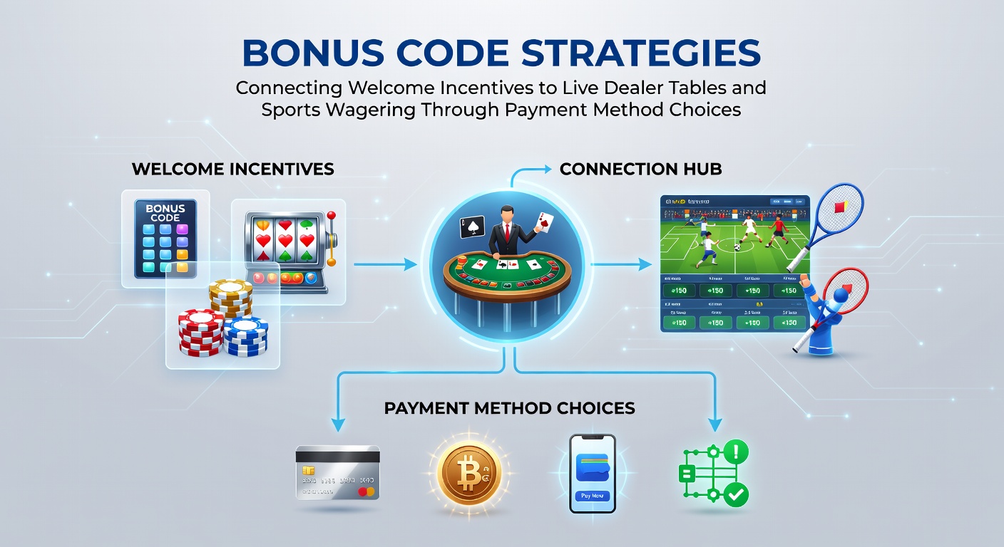 Illustration of bonus code strategies linking welcome incentives across live dealer tables and sports wagering via payment options