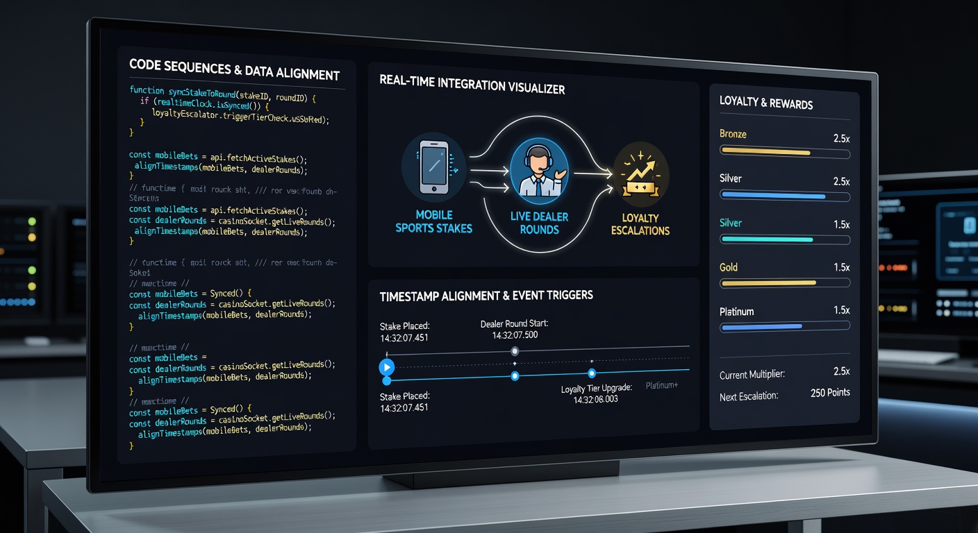 Backend code visualization showing sequence flows between mobile sports bets, live dealer rounds, and escalating loyalty tiers