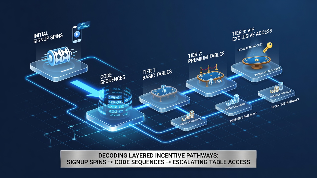 Mobile app interface showing layered bonus progression from free spins to table game access