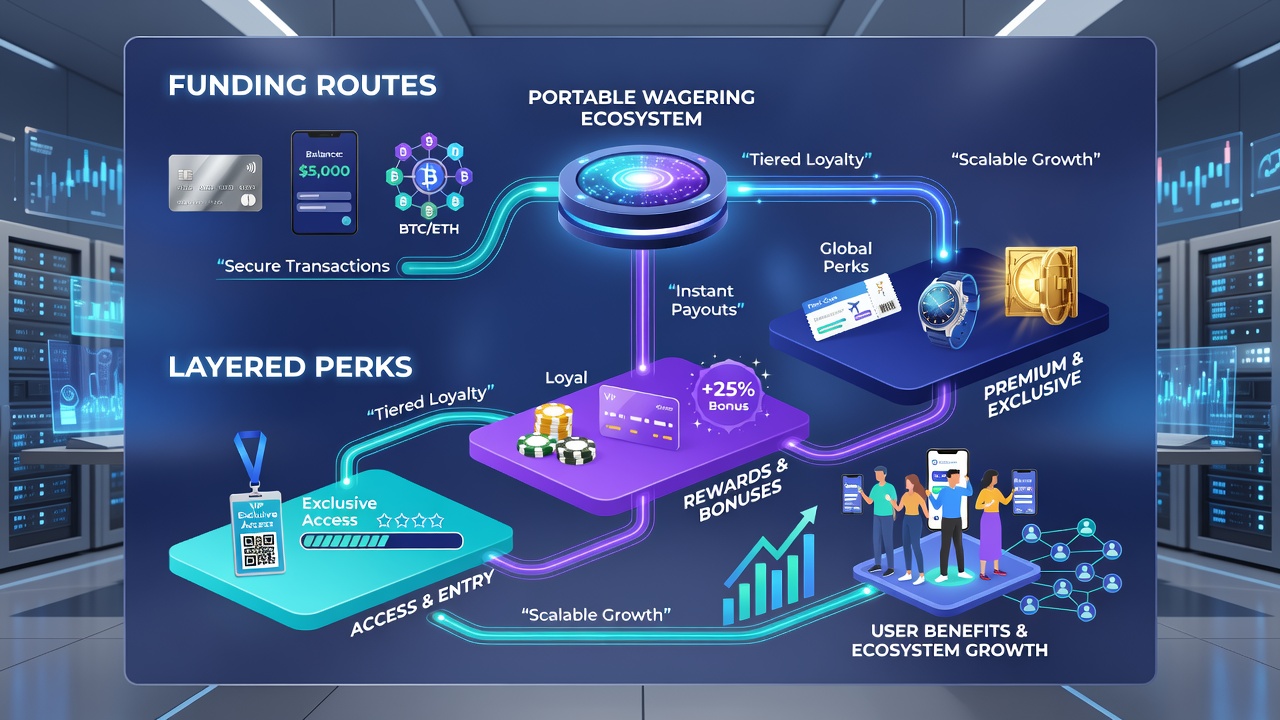 Diagram illustrating payment flows from digital wallets to layered rewards in mobile sports and table gaming apps