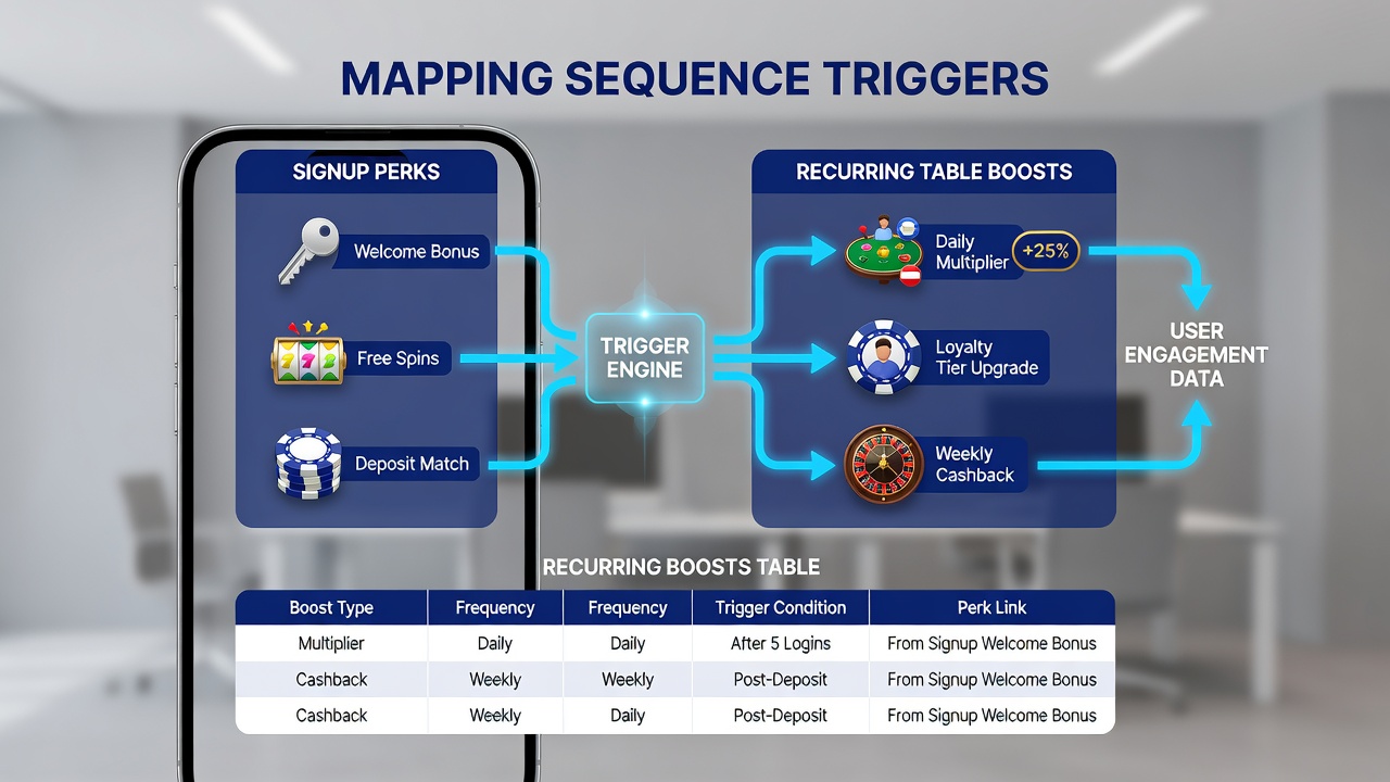 Flow diagram illustrating bonus sequence triggers from signup to recurring table boosts in mobile apps