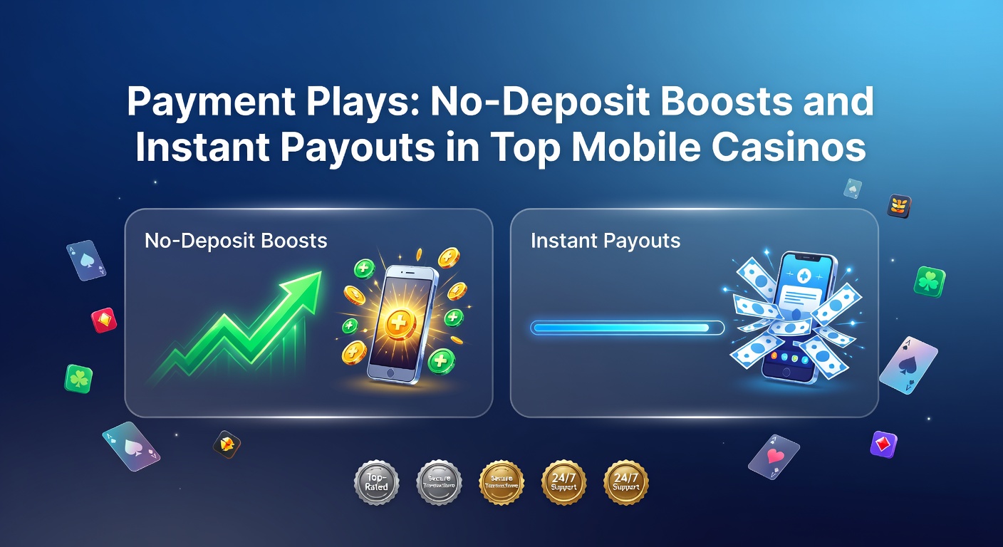 Mobile casino app displaying no-deposit bonus offer and instant payout options on a smartphone screen