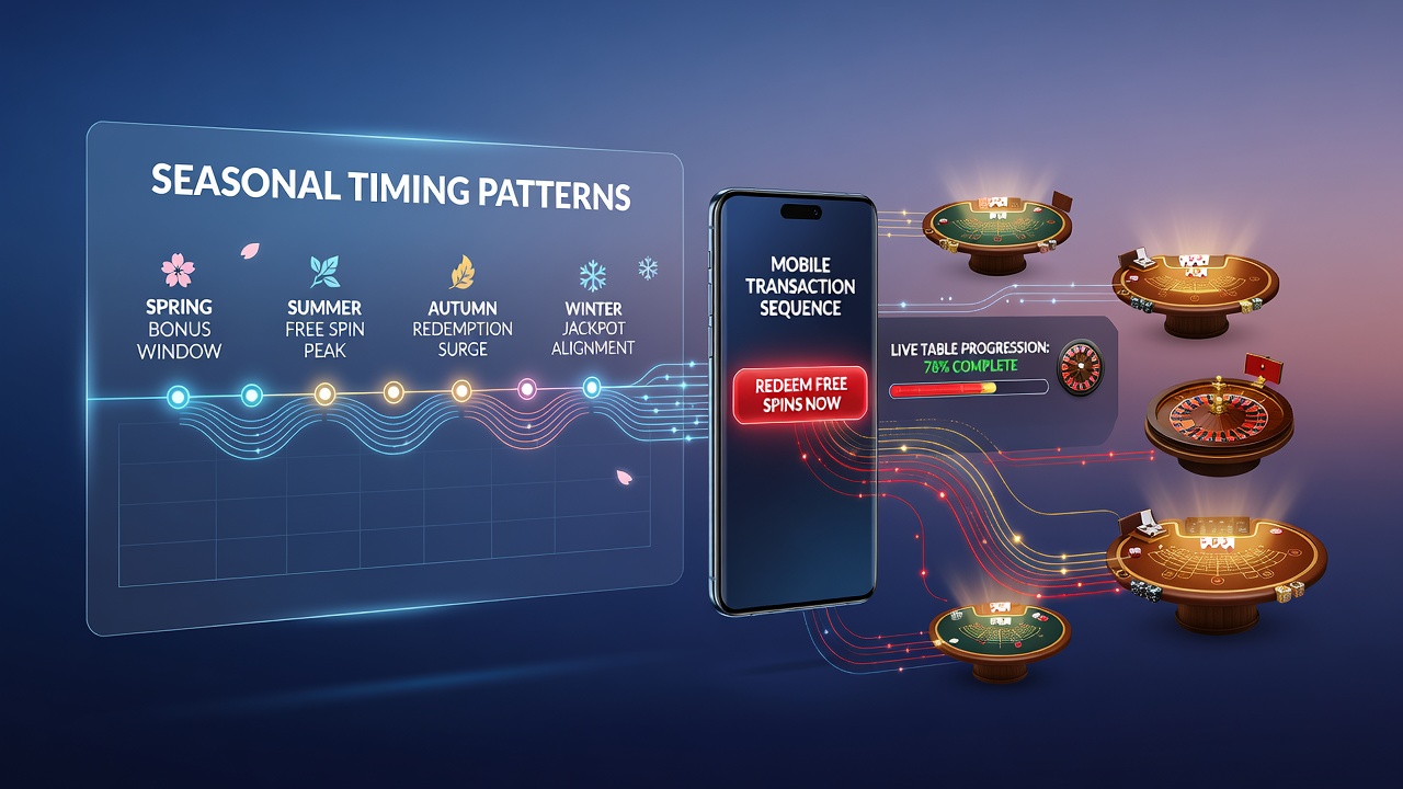 Mobile casino interface showing seasonal free spin offers aligned with live dealer table progressions