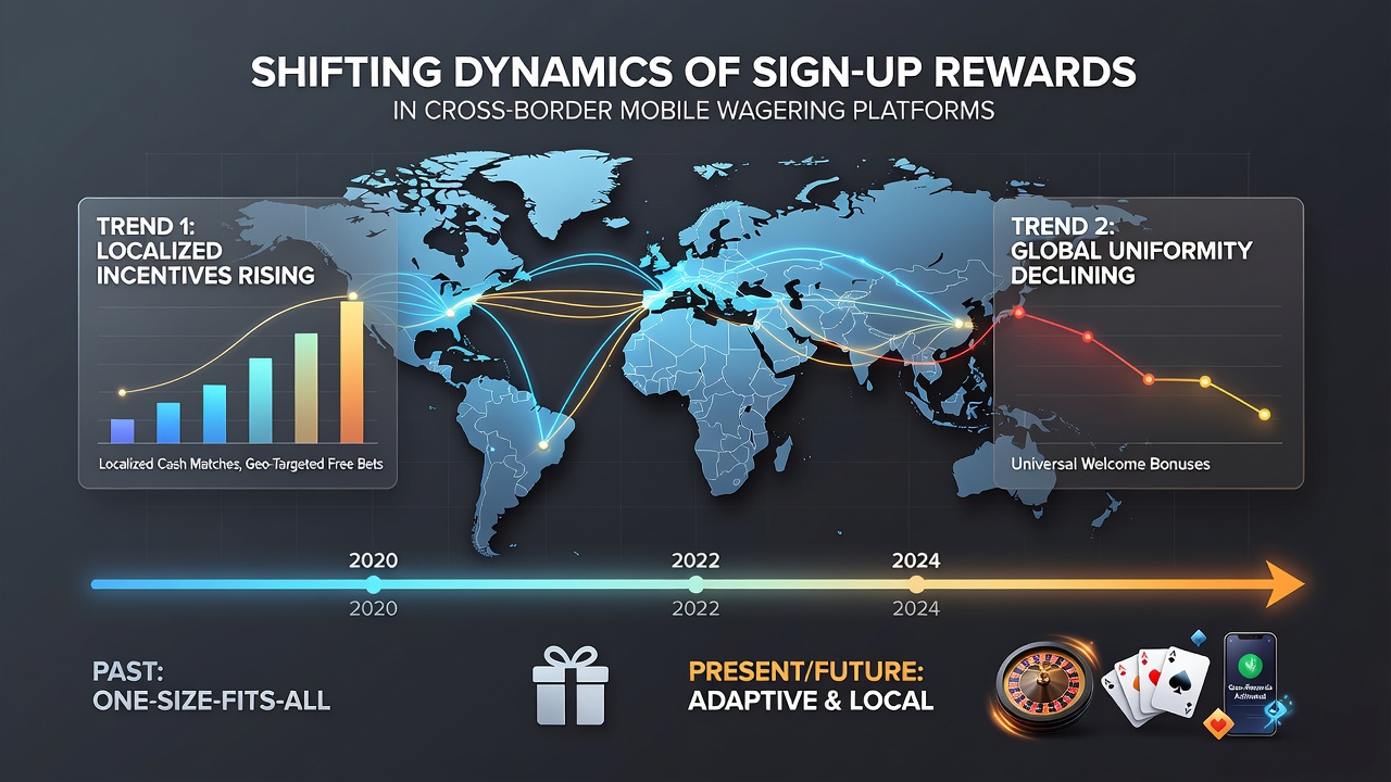 Cross-border mobile wagering platforms displaying evolving sign-up reward structures across international markets