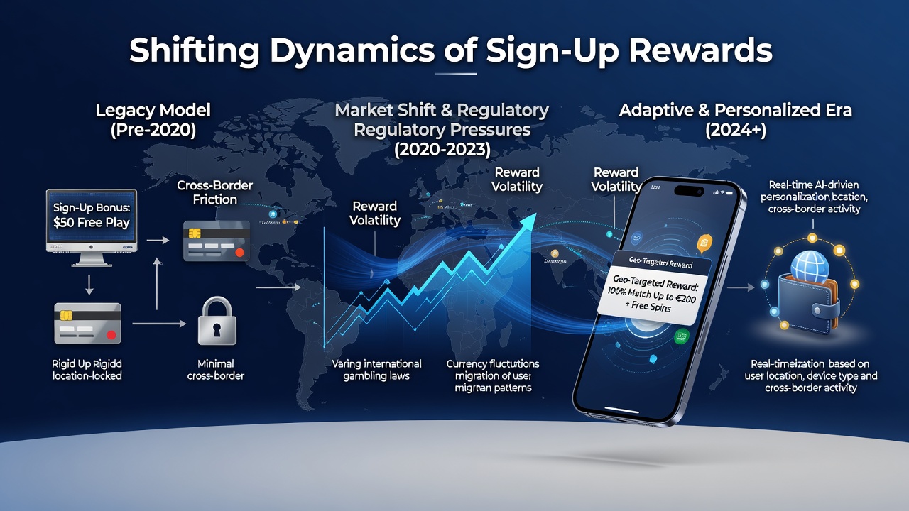 Mobile interface showing sign-up reward tiers and cross-border payment options in wagering apps