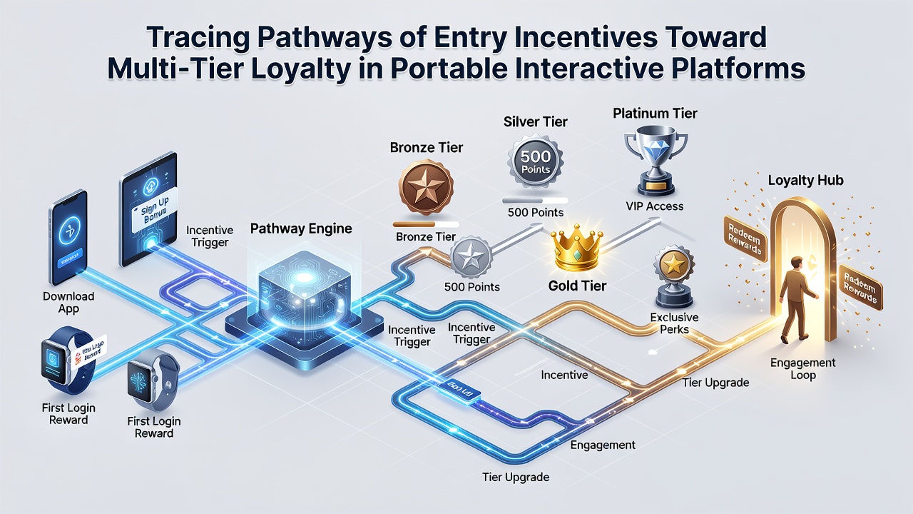 Diagram illustrating pathways from initial incentives through deposit tracking to advanced loyalty tiers on handheld devices