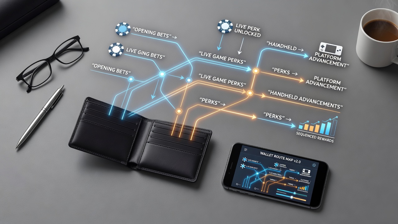 Digital wallet interface displaying route maps from initial deposits to live game rewards on mobile screens